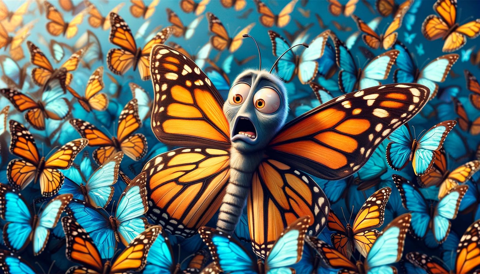 Confused Monarch Butterfly in Azure Swarm