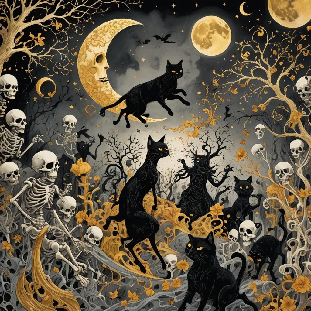 Dancing Ghosts Under Golden Moon: Ink Illustration