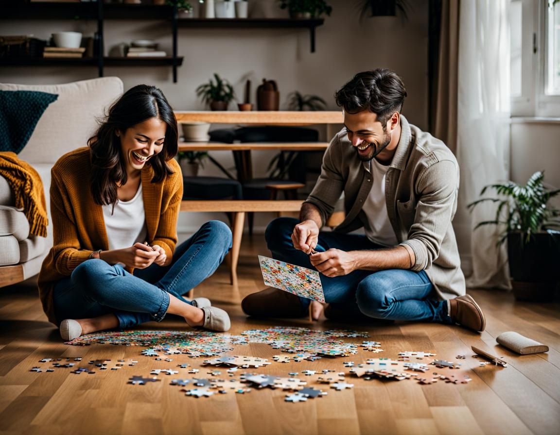Couple Laughing While Doing Jigsaw Puzzle