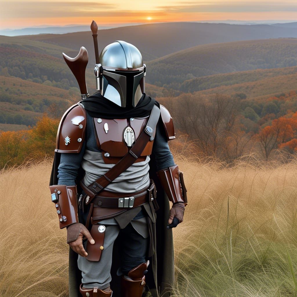 Armored Bounty Hunter in Hilly Landscape