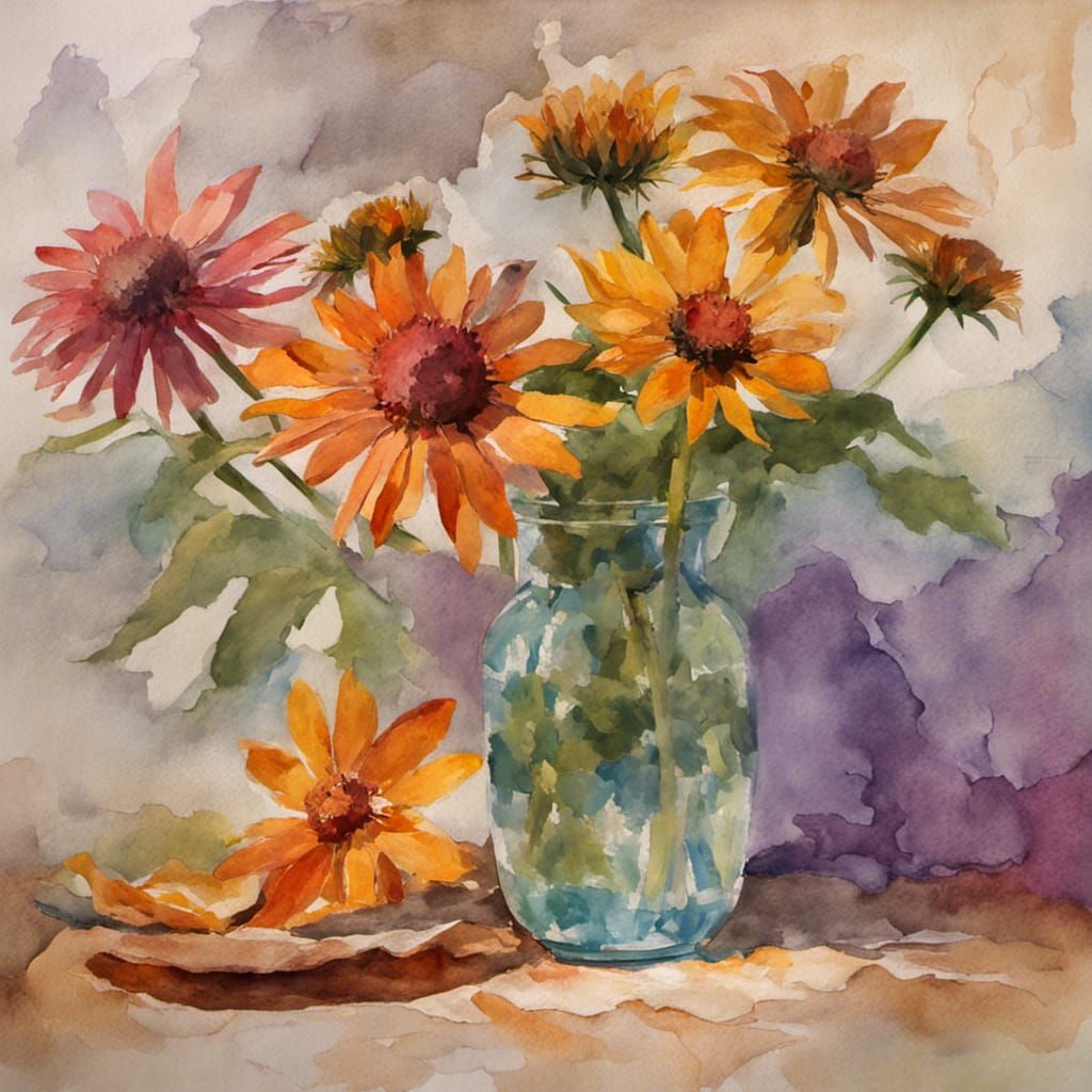 Citrus Coneflowers in Vase: Gouache Impressionist Painting