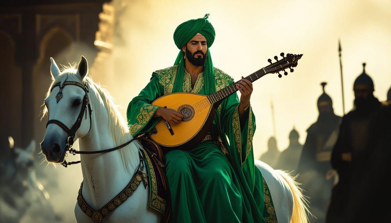 Boabdil on Glowing Horse Plays Oud Amidst Falling Granada