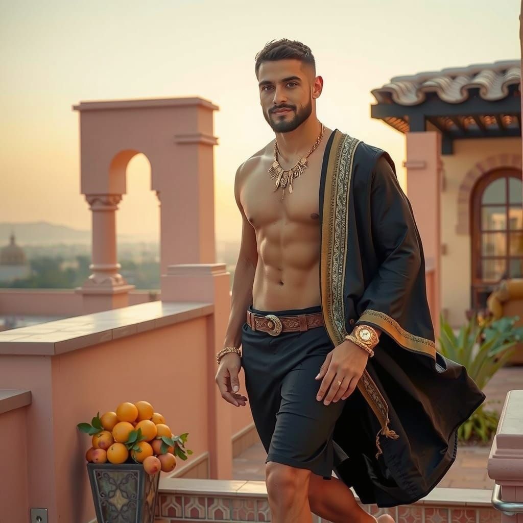 Athletic Man on Arabic Terrace in Photorealistic Style