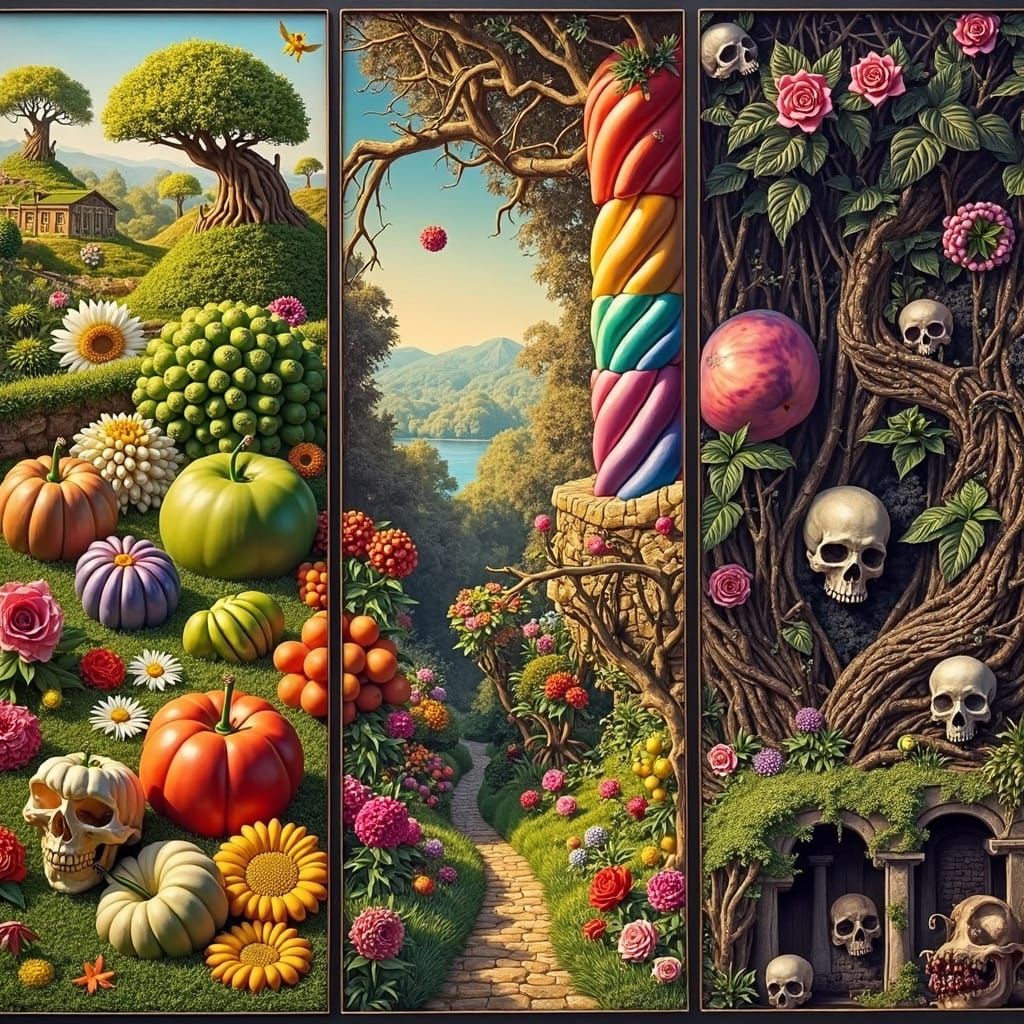 Surreal Triptych: Paradise, Earthly Delights, and Hell