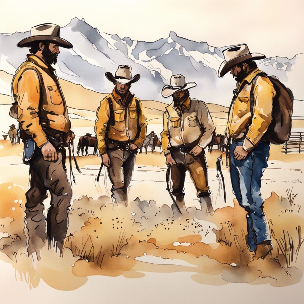 Cowboys in Yellowstone: Urban Sketch in Gouache