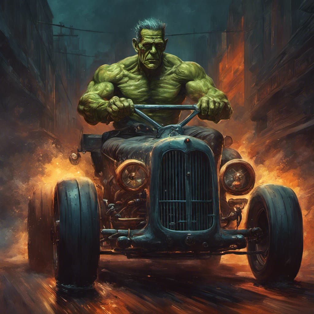 Frankenstein monster driving a frankenrod