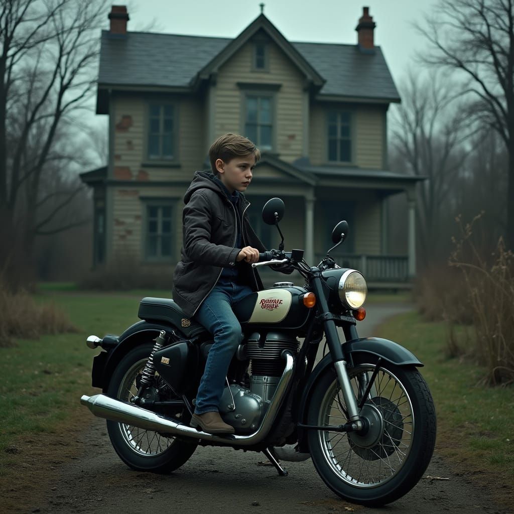 Boy Rides Vintage Bike in Front of Creepy Abandoned Mansion