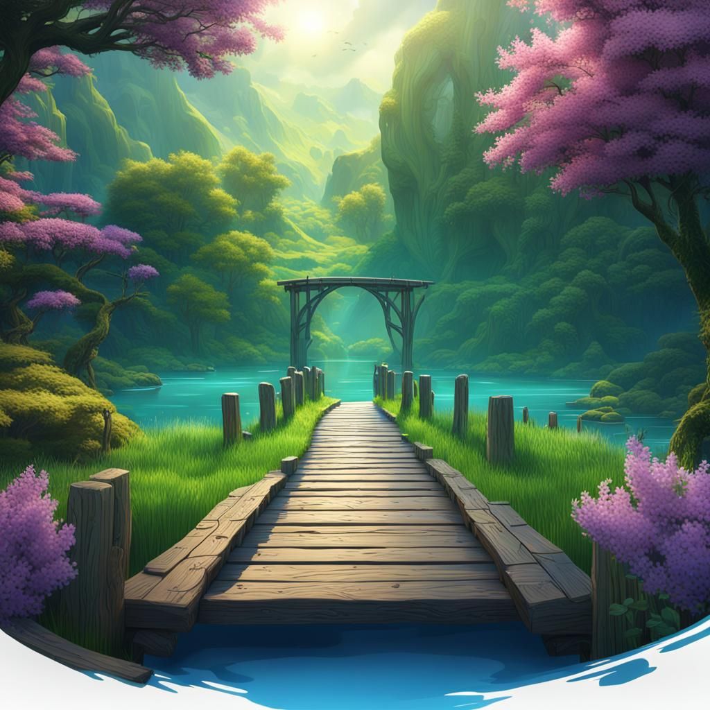 Wooden Bridge Over Blue Lake in Detailed Matte Painting