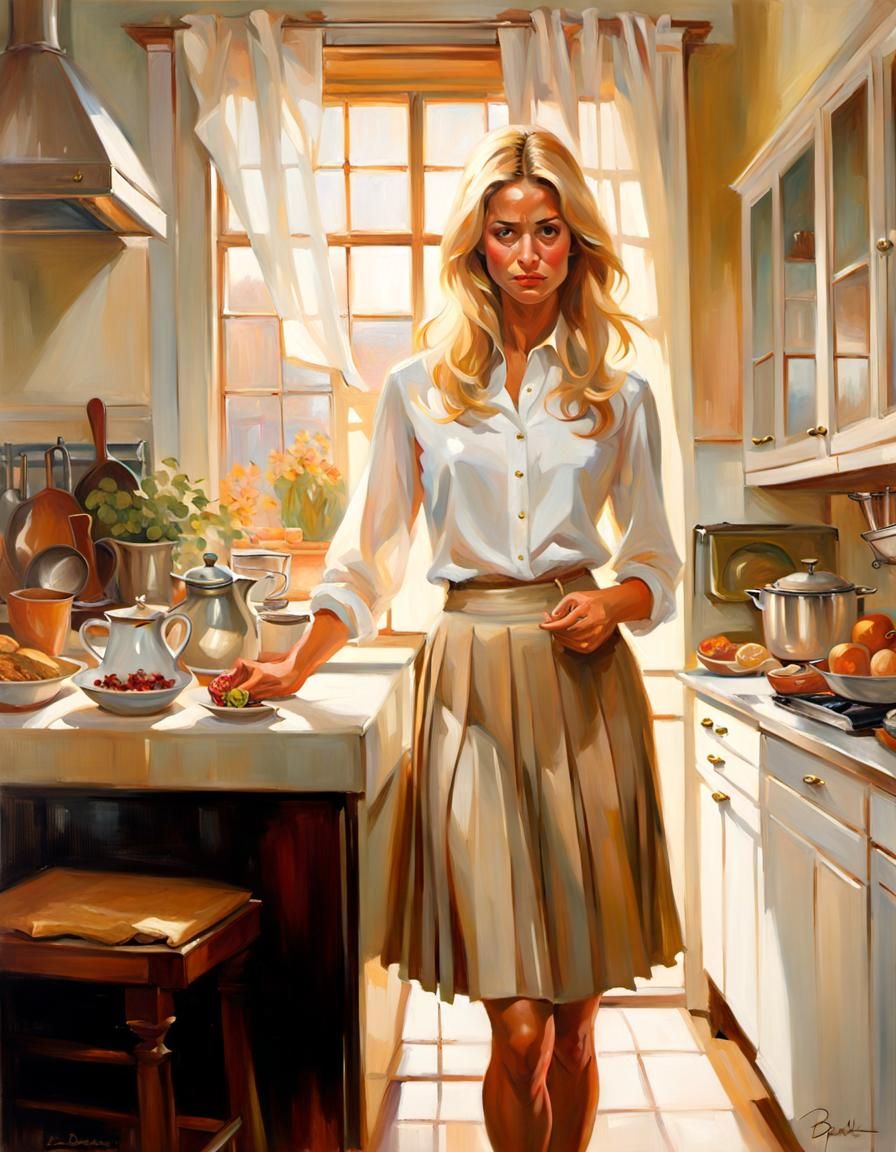 Woman Preparing Breakfast: Oil Painting in Academic Style