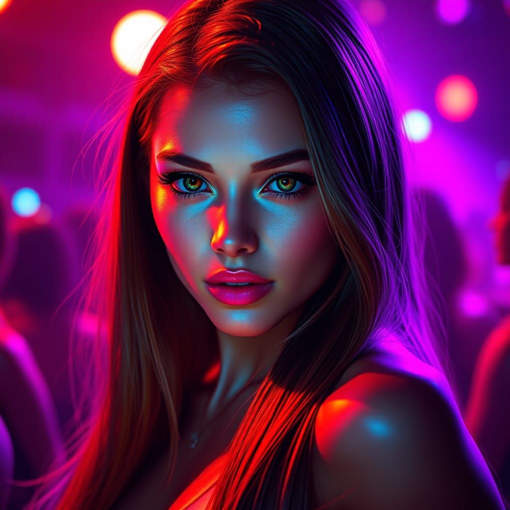 Radiant Woman on Dancefloor in Ethereal Lighting