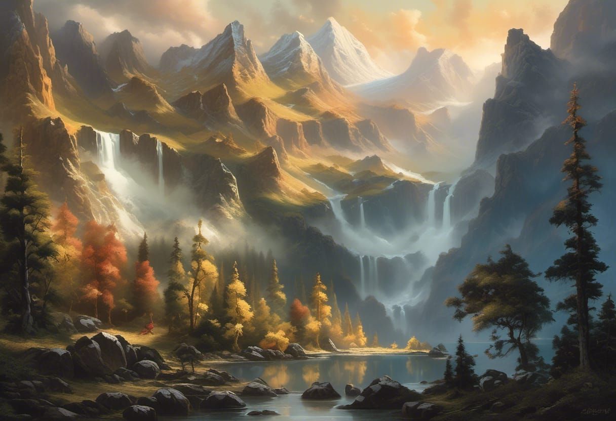 Majestic Mountain Waterfall Landscape in Film Noir Style