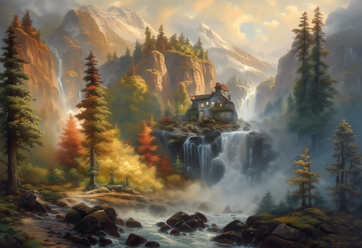 Majestic Mountain Waterfall Landscape at Sunset
