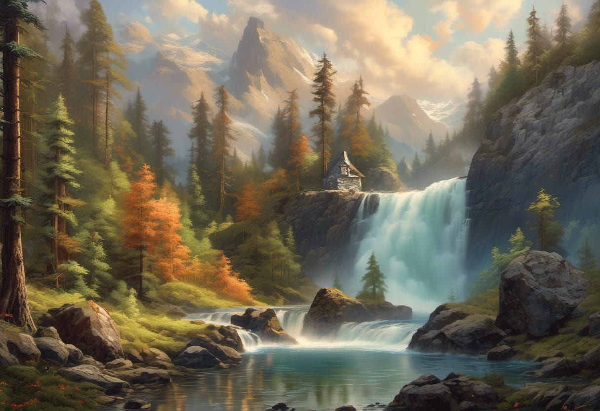 Majestic Mountain Waterfall at Sunset in Film Noir Style