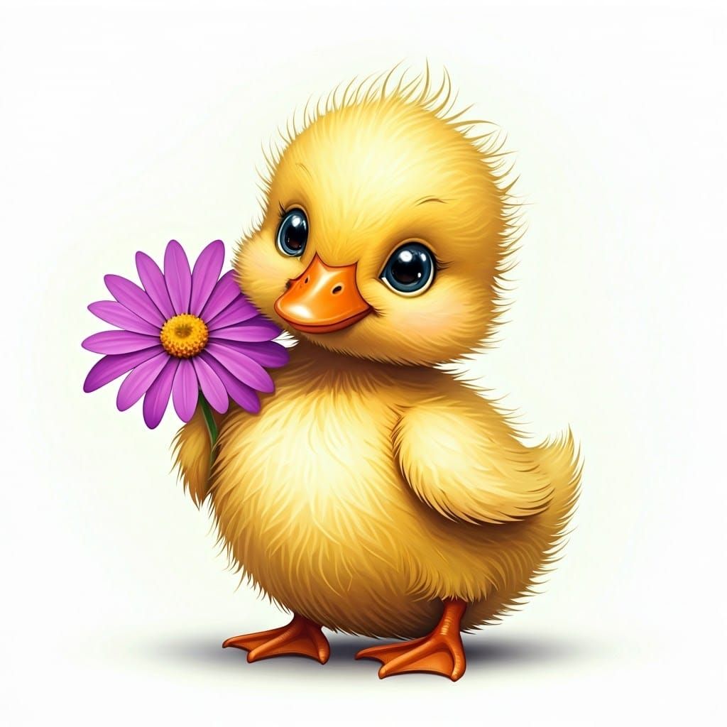 Duckling Holding Flower in Watercolor Illustration Style