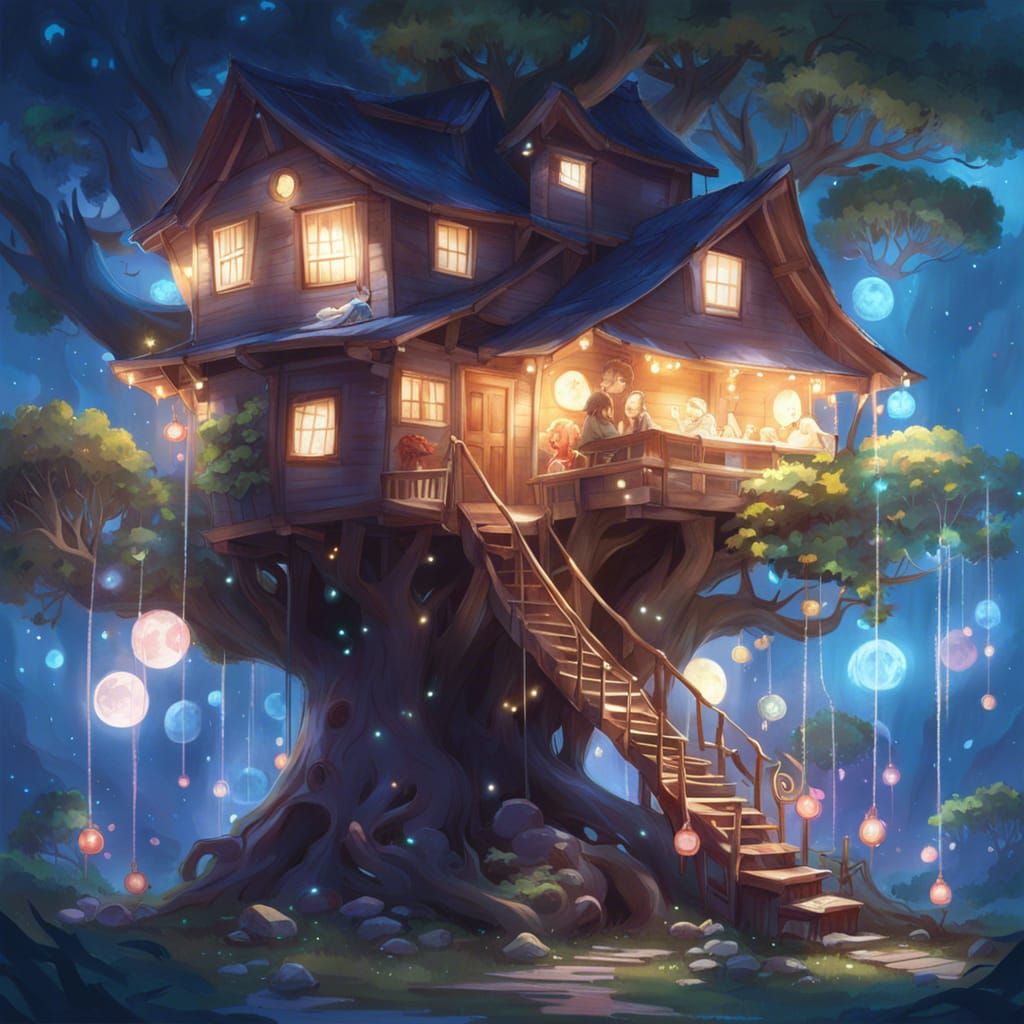Cute Treehouse with Blooming Plants in Digital Art Style