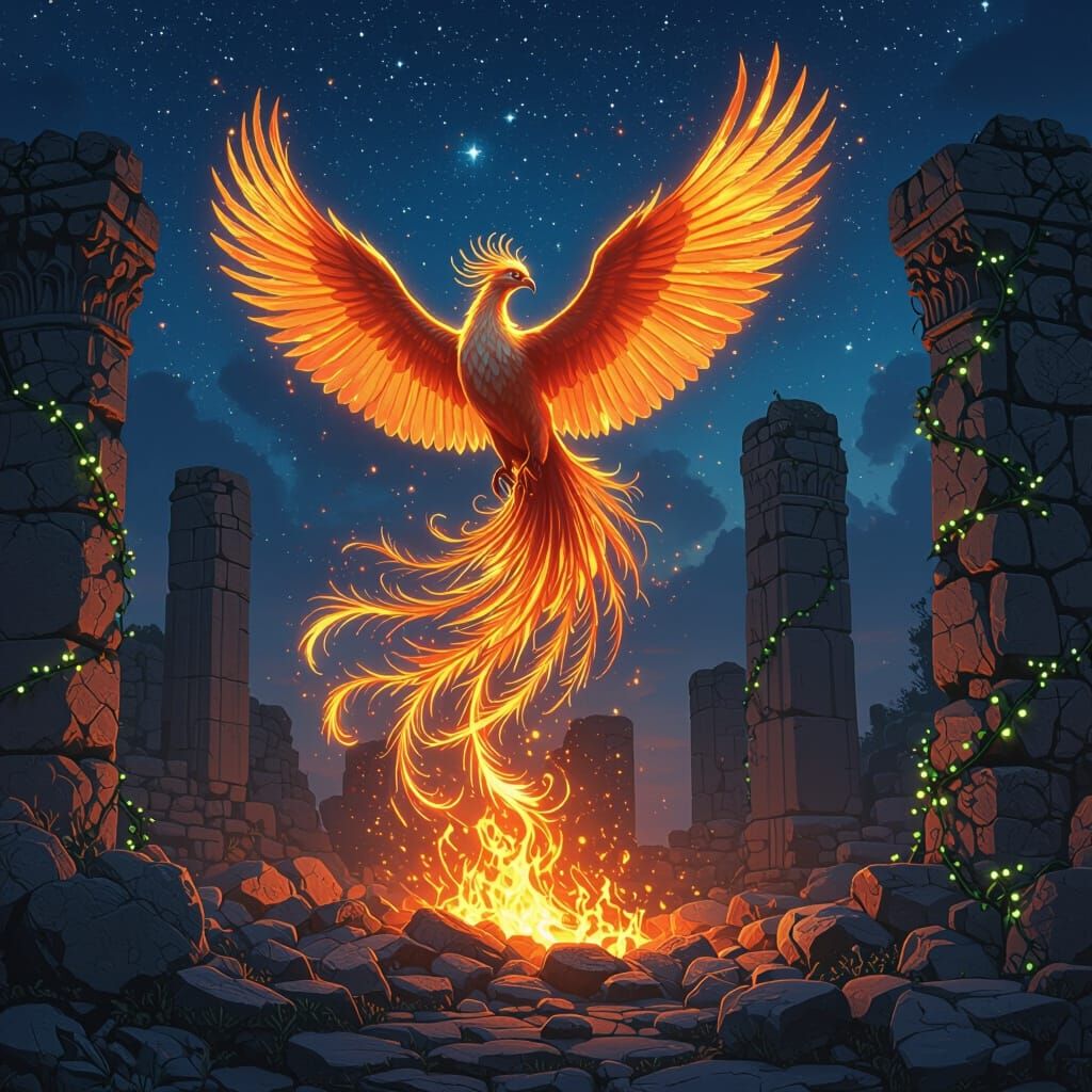 Iridescent Phoenix Rising from Embers in Ancient Ruins