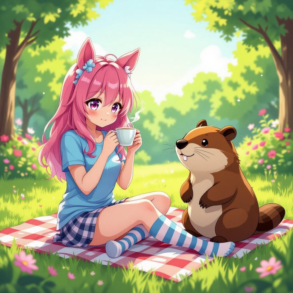 Anime Girl with Horse Ears Sipping Tea at Dawn