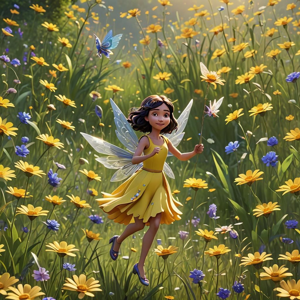 Hispanic Fairy Making Flowers Bloom: Pixar Style