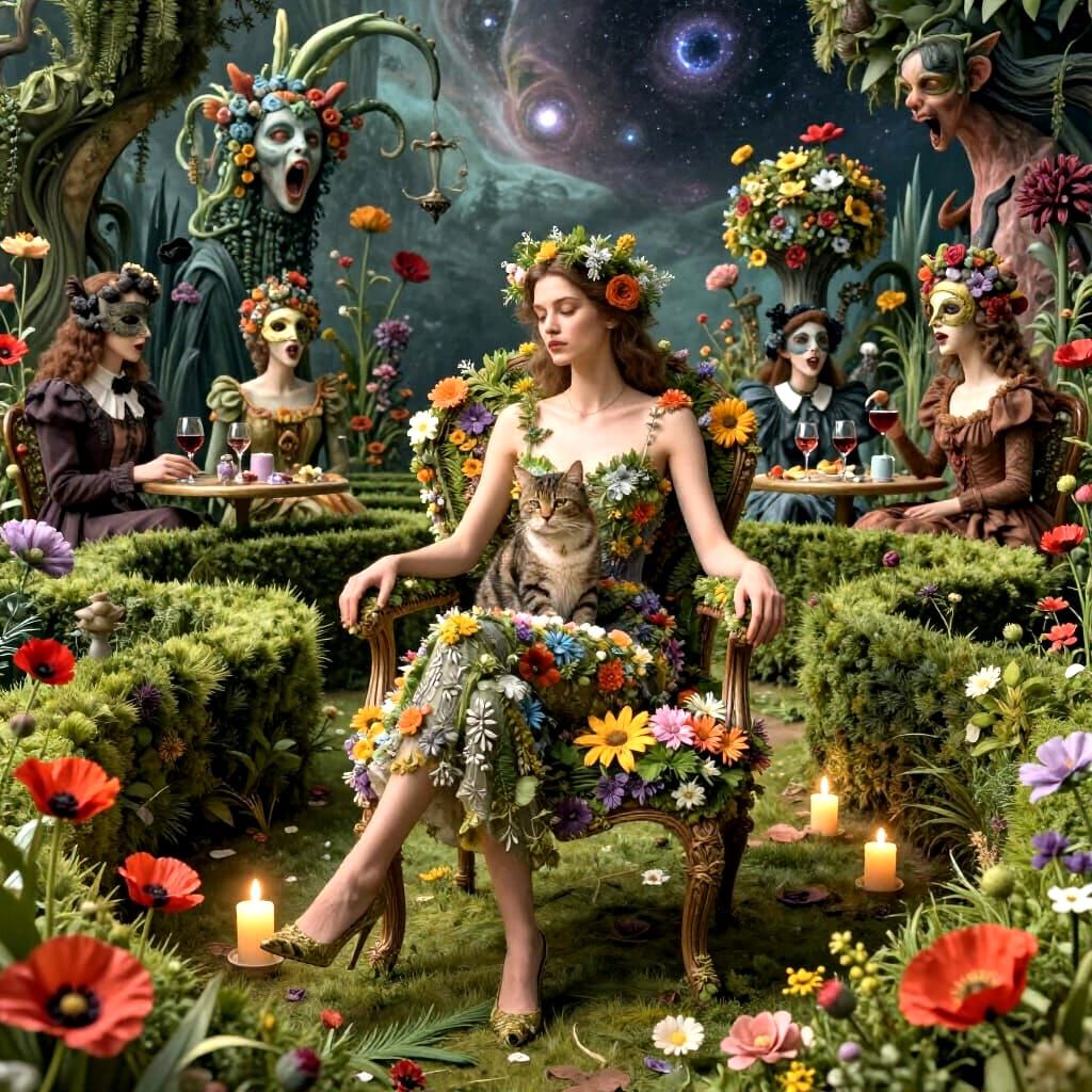 Surreal Garden Party with Model, Cat, and Flower Chair