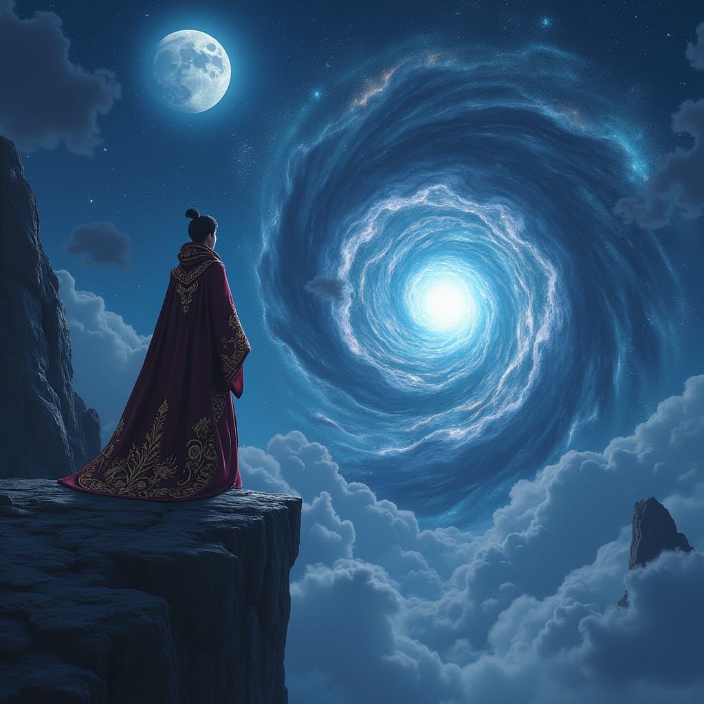 Wizard Stands on Cliff's Edge, Gazing at Celestial Portal