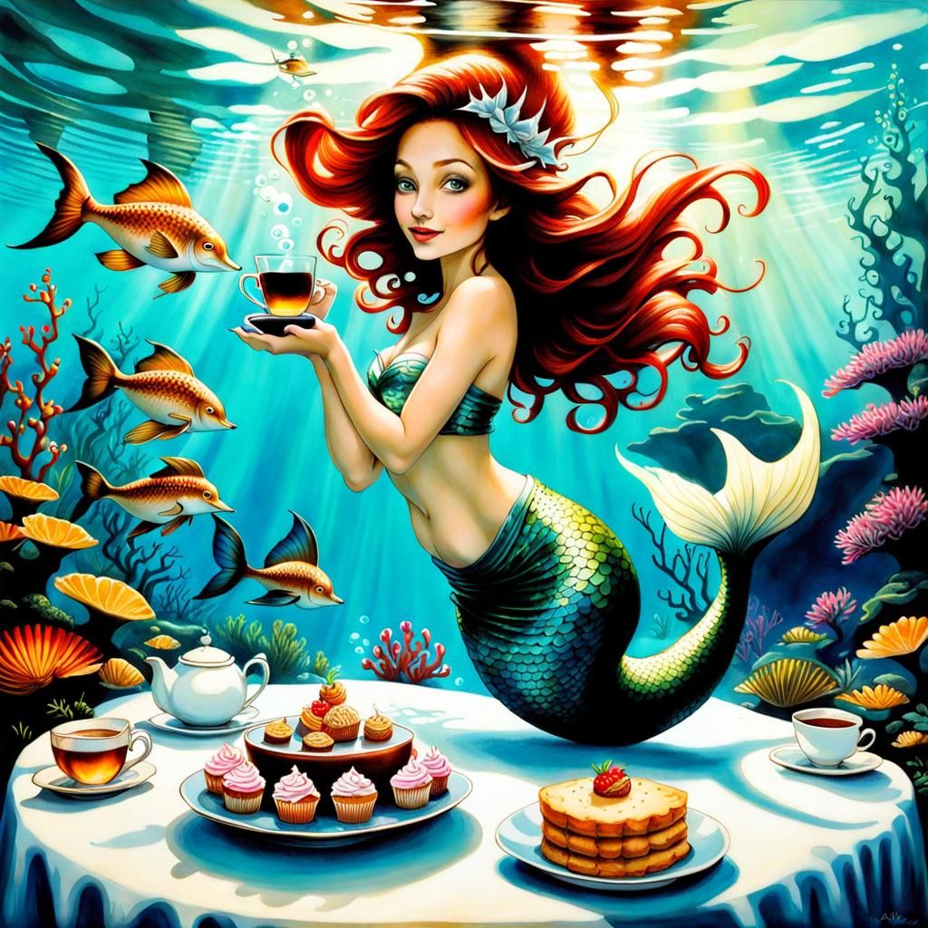 Whimsical Mermaid's Underwater Tea Party: Photorealistic Mas...