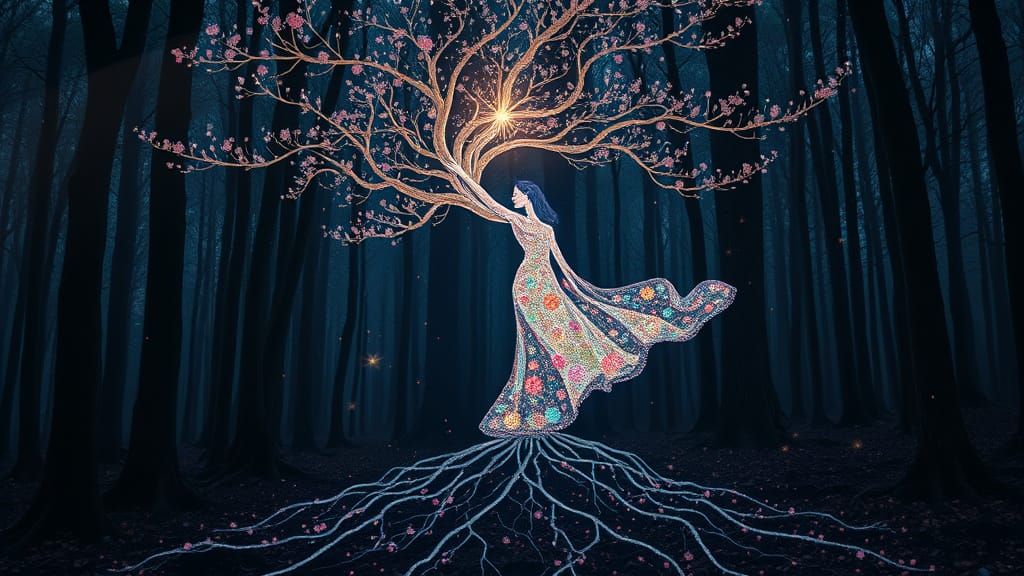 Iridescent Woman Blossoming from Dark Forest