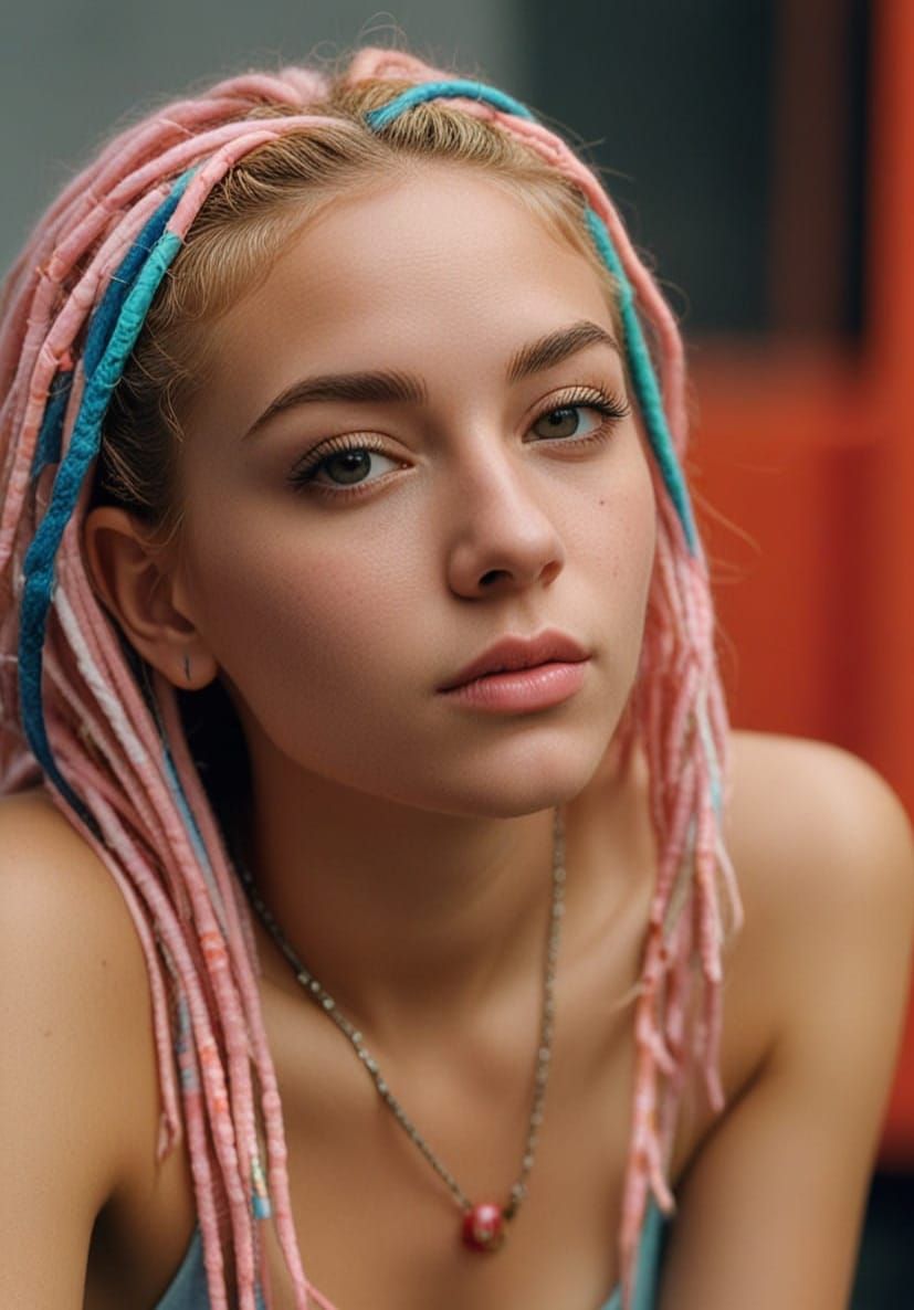 Glowing 90s Rave Girl Portrait in Colorful Dreadlocks