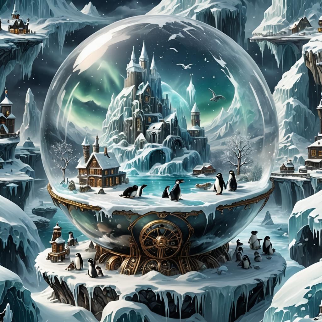 Icy Steampunk Landscape Inside Crystal Globe