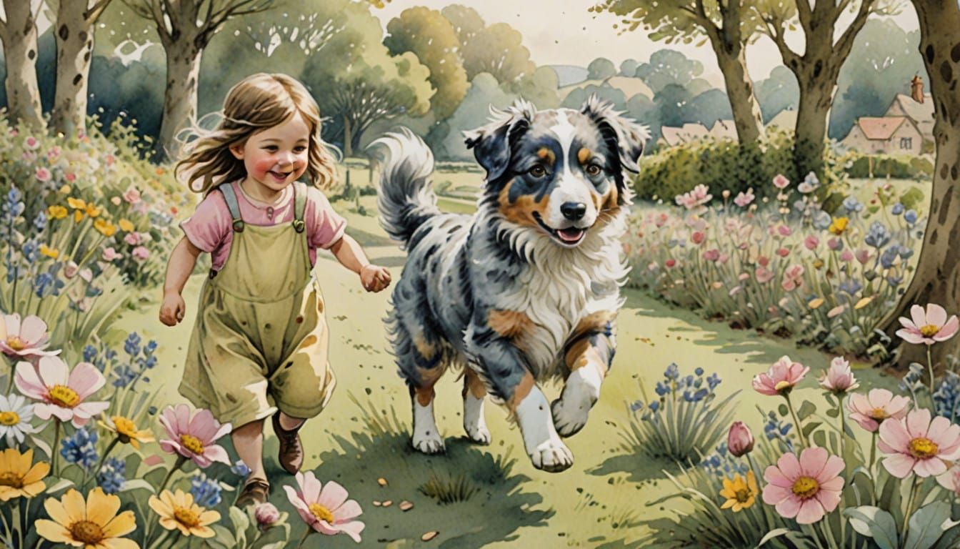 Whimsical Watercolour Scene of Children and a Blue Merle Aus...