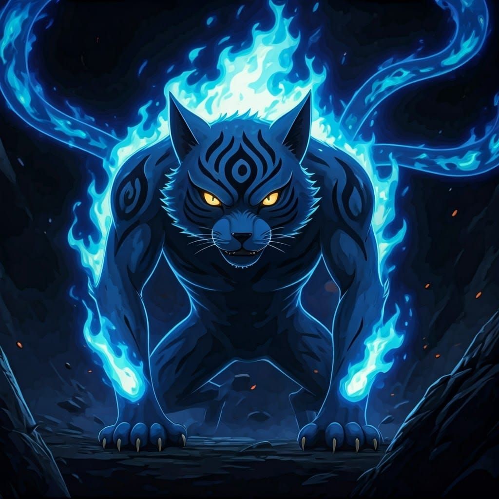 Sapphire Nekomata: Two-Tailed Beast in Blue Flames