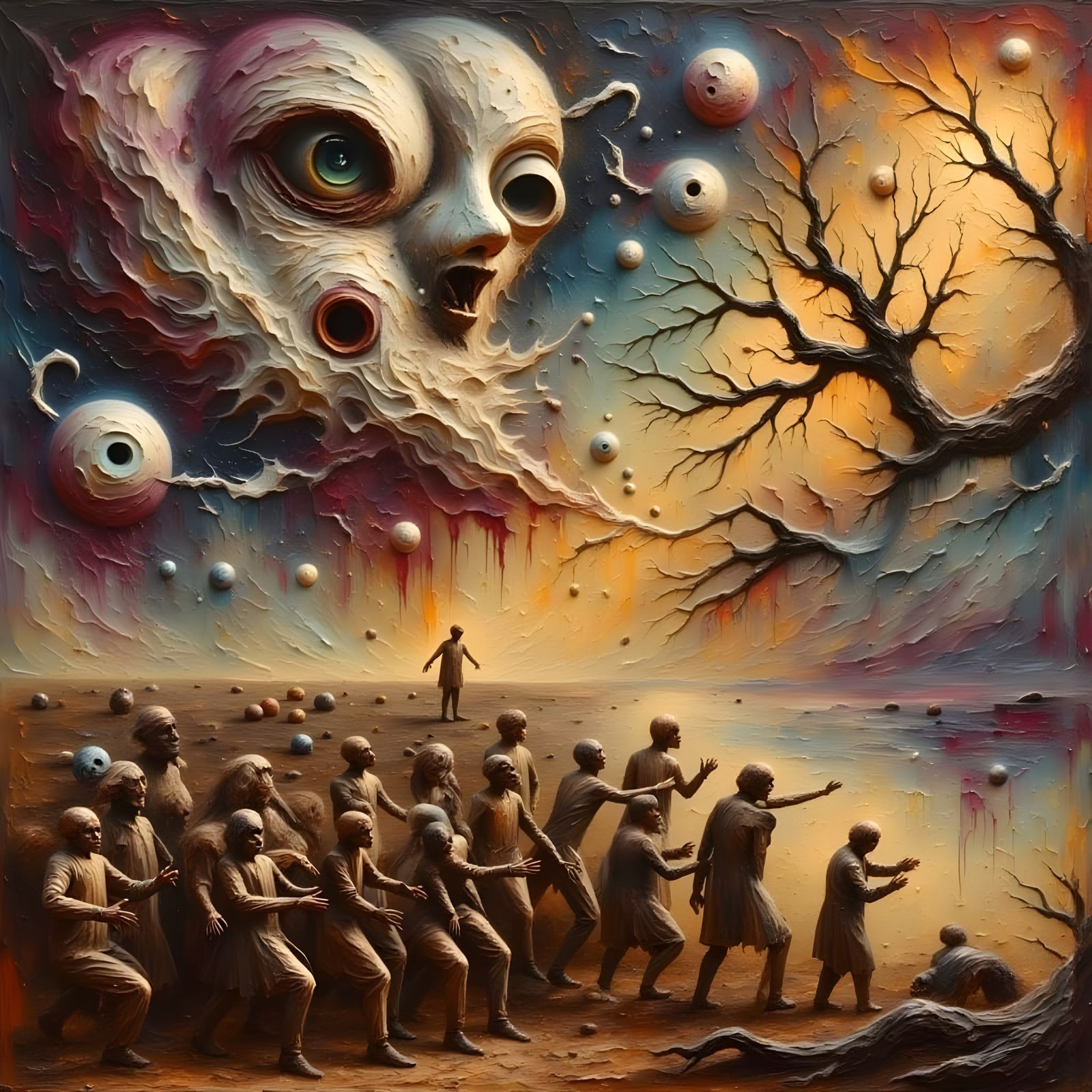 Distorted Figure Confronts Inner Demons in Dark, Surreal Lan...