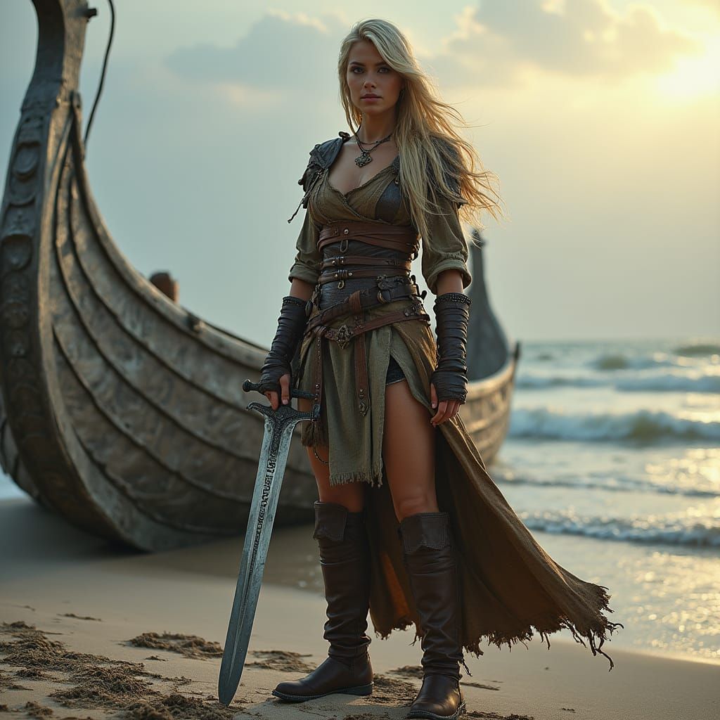 Blonde Viking Warrior on Sandy Shore with Longboat