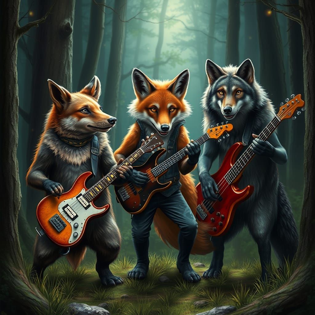 Wild Animal Rock Band Performs in Mystical Forest