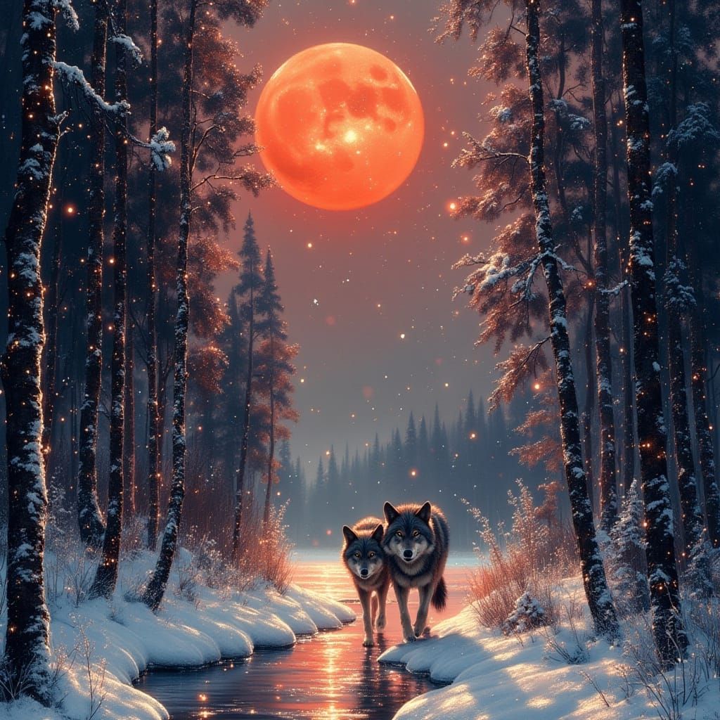 Wolves in Snowy Forest under Red Moon