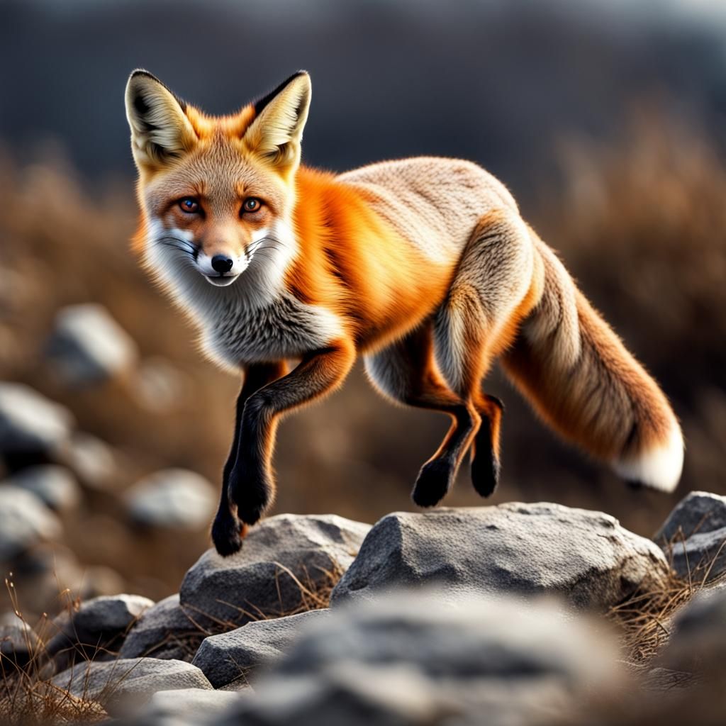 Hyperrealistic Fox Leaping Over Rocks in Plains