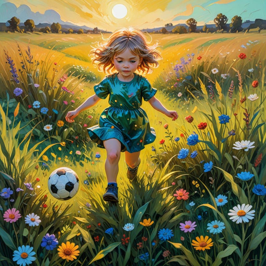 Impressionist Toddler Kicking Ball as Gouache Painting