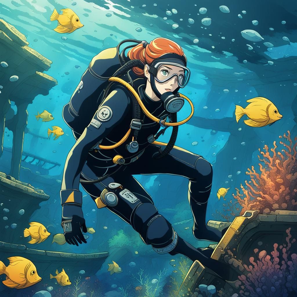 Scuba Diver Explores Sunken Ship in Anime Style