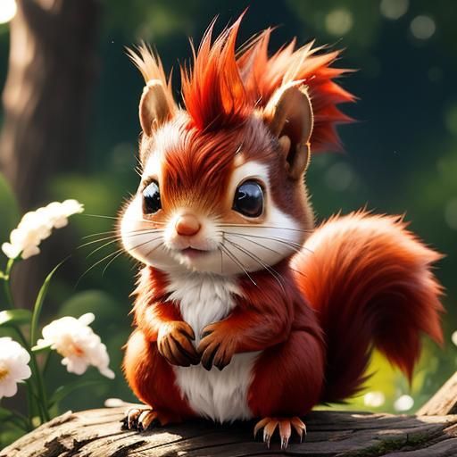 Cute Red Baby Squirrel with Mohawk, Digital Art