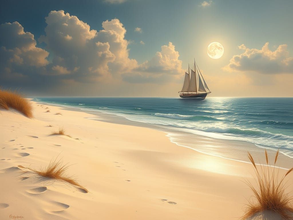 Peaceful Beachscape under Full Moonlight