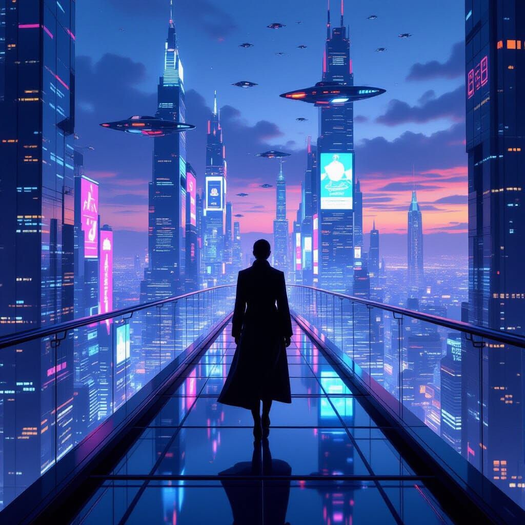 Figure on Sky-Bridge Over Neon City at Twilight