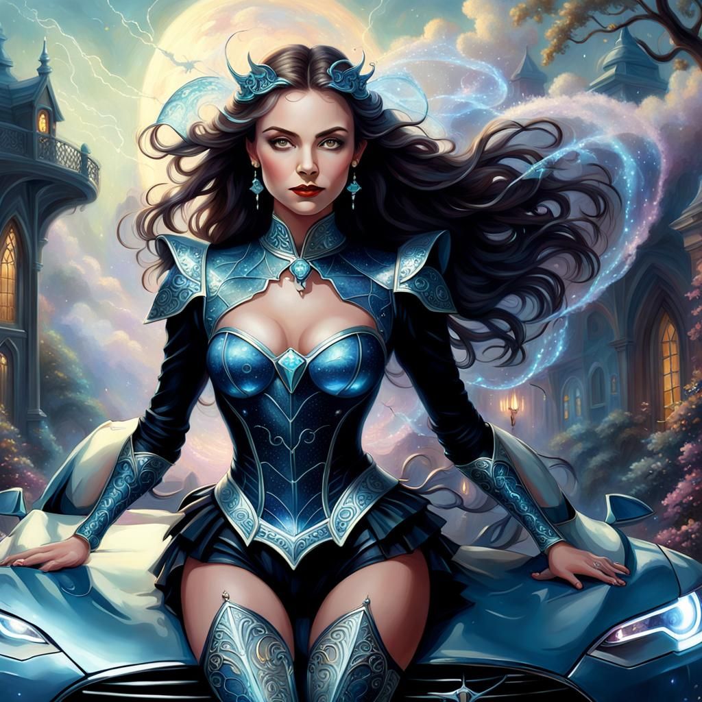 Ethereal Mistress on Tesla in Hyperdetailed Fantasy Style