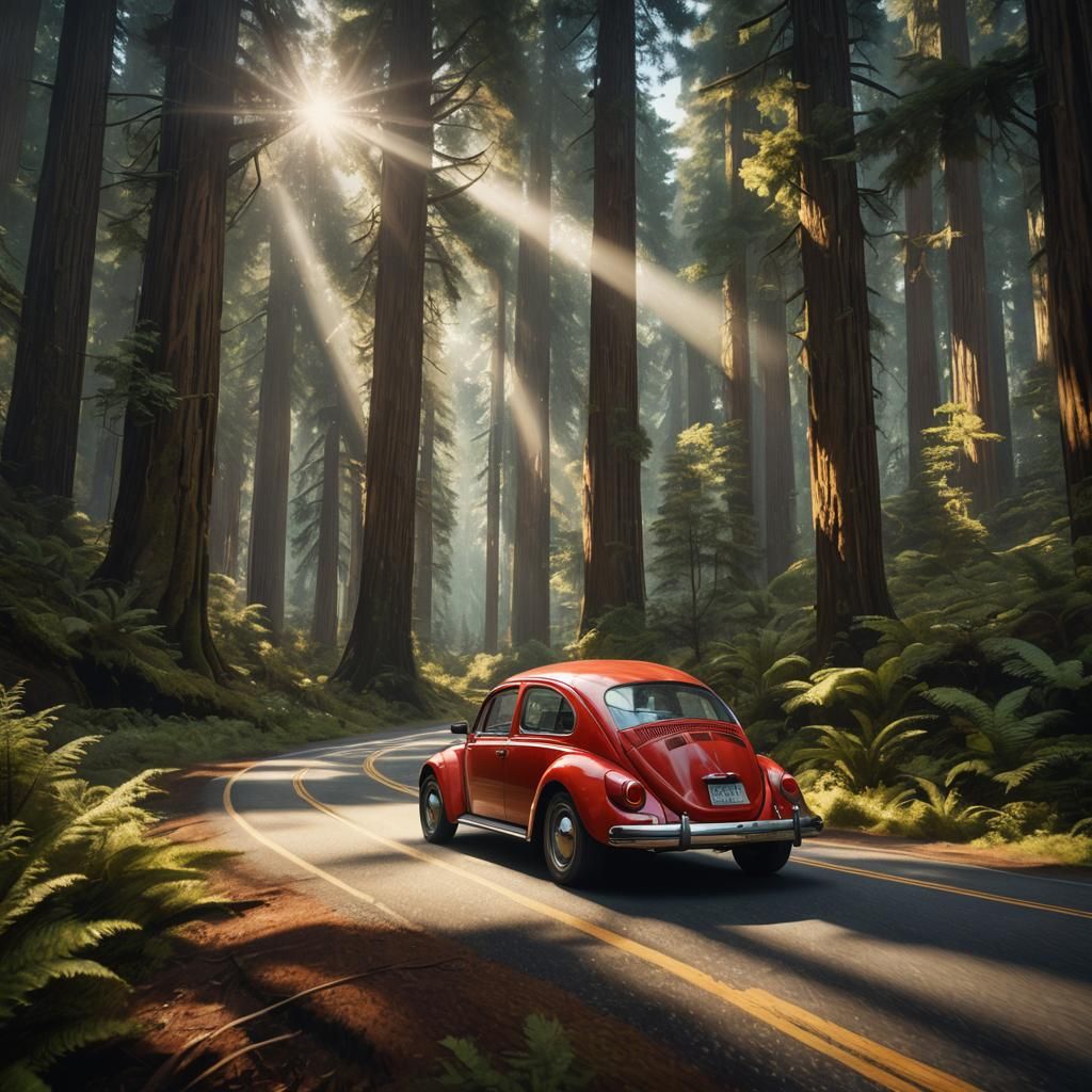 VW Beetle in Redwood Forest: Fantasy Matte Painting