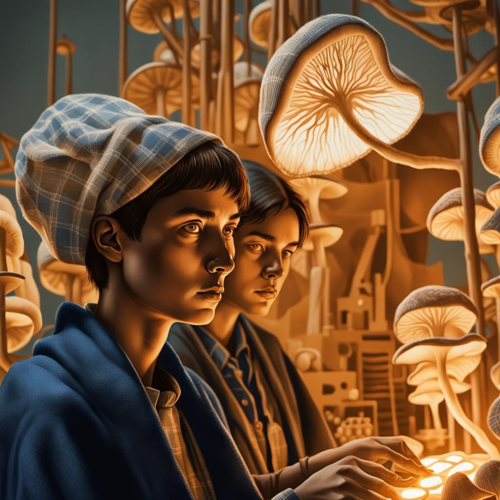 Surreal Activists Tending Mushrooms: Linocut on Fabric