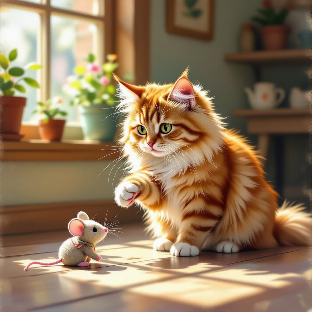 Fluffy Cat Plays With Toy Mouse in Cafe - Gouache Painting