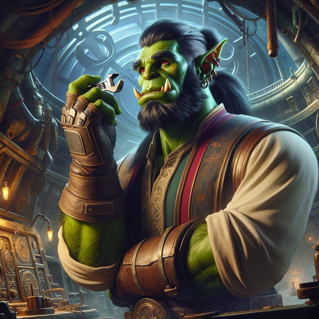 Orc Paladin in Airship Engine Room, Fantasy Art