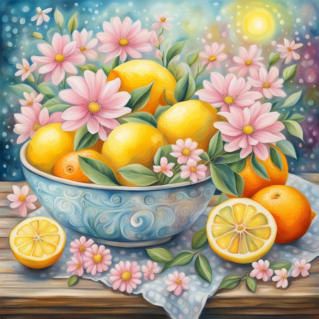 Bowl of Lemons, Oranges and Flowers Painting