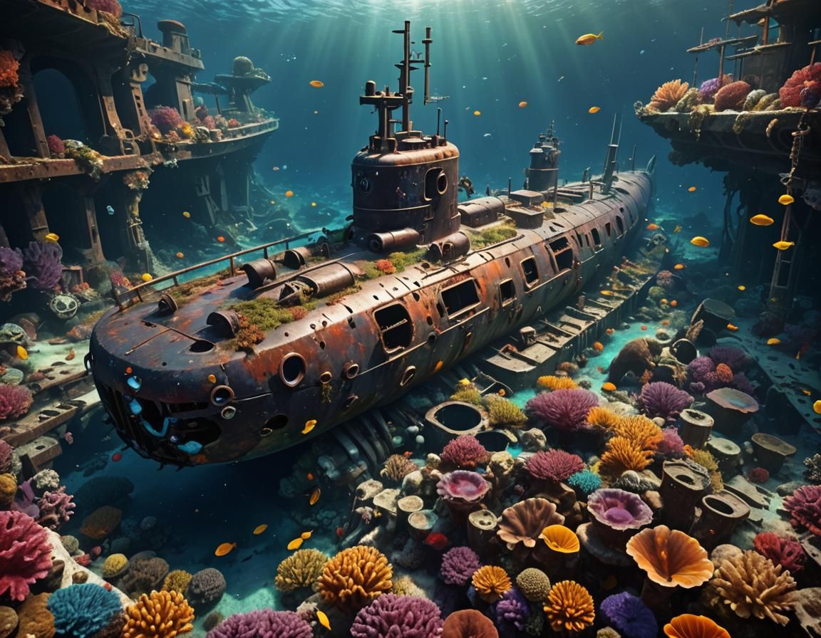 Sunken Submarine Graveyard with Coral and Fish