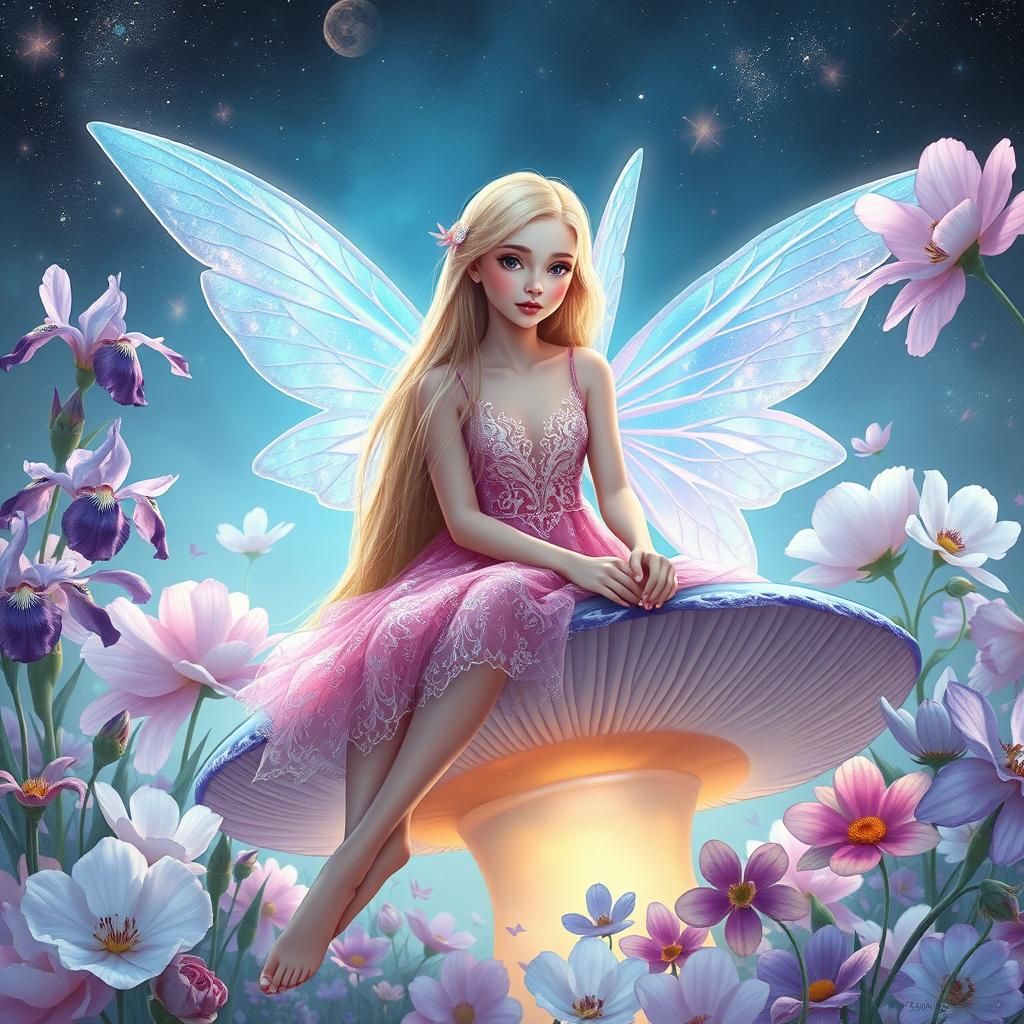 Ethereal Fairy on Mushroom in Pastel Floral Scene