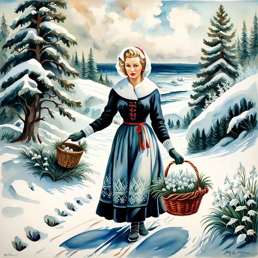 Russian Girl with Snowdrops: Surreal Digital Painting