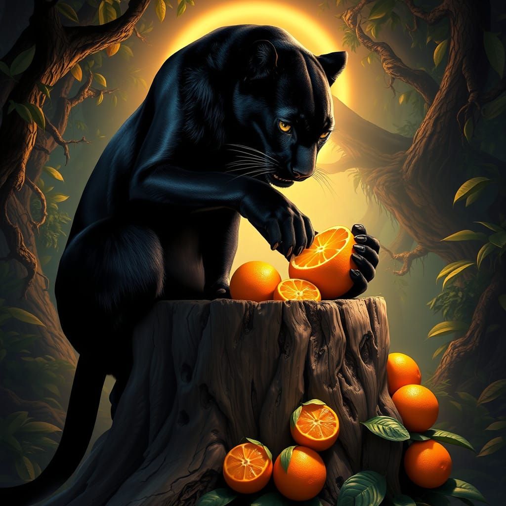 Majestic Black Panther Devours Tangerines in Lush Jungle Par...